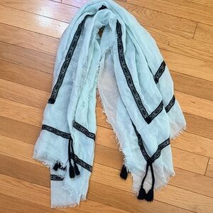Light Blue Tassel Scarf with Black Lace Trim